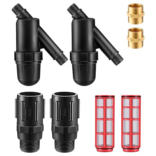 2 Pack Drip Irrigation Pressure Regulator Kit, Drip Irrigation Filter with 25 PSI 3/4'' Hose Thread Pressure Regulator, with Metal Connector, for Drip Irrigation System, Pressure Reducer