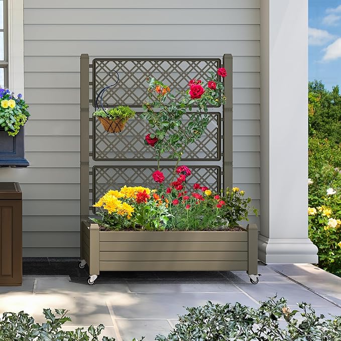 YITAHOME 3.6x1.5x5 FT Planter Box Trellis with Wheels, Large Outdoor Plastic Raised Garden Bed with Drain Plug for Climbing Plants, Light Brown
