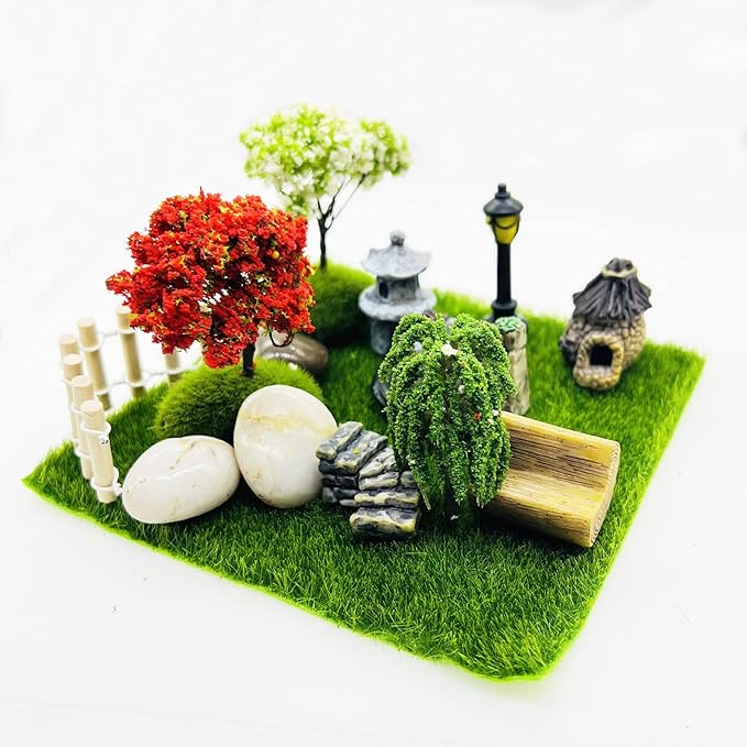 Cayway 26 PCS Outdoor Fairy Garden Miniatures Mini Zen Garden Accessories, Artificial Garden Grass, Model Trees, Terrarium Ornaments, Dollhouse Supplies, Bonsai Decorative Craft Tools Kit