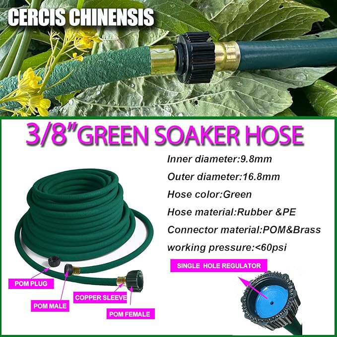 3/8inchx 100ft Soaker Hose Kit,Green Rubber Hose Water Saving up to 70%,Durable Flexible Soaker Hose that irrigation for Patio Lawn,Trees,Vegetables and Flowers