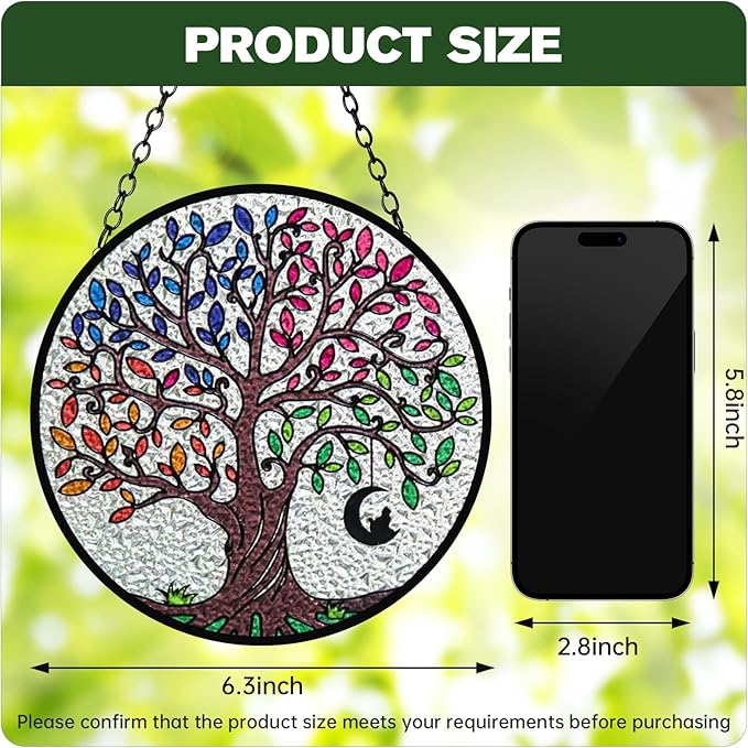 Artificial Trees of Life Suncatchers for Home Decorative Hanging Ornaments with Stick Hook for Window Hanging Hand-Painted Fake Plants Tree&Cat Memorial Gifts for Women 6.3'' * 6.3''