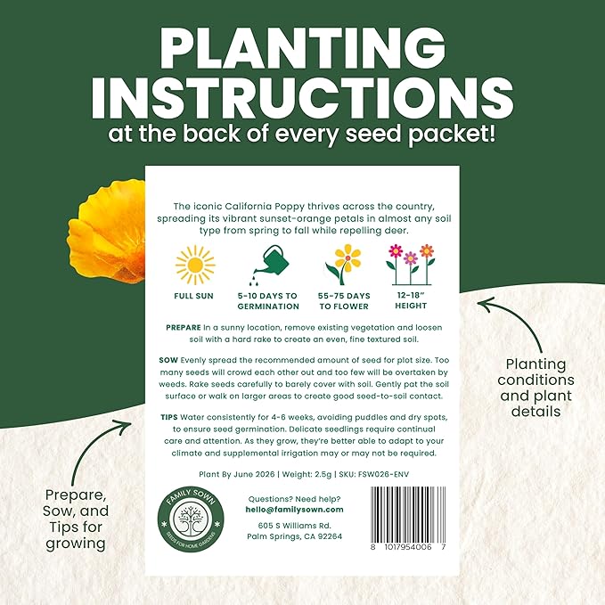 California Poppy Orange - Large 2,500mg Envelope - 1,000 Flower Seeds for Planting - Eschscholzia californica