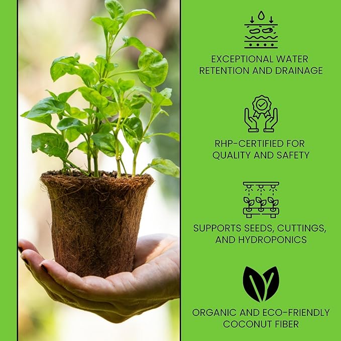 Coco Coir Mega Brick Organic Coconut Coir 11 Pound Coco Fiber Compressed Block Pre Washed Buffered RHP Cert Potting Soil Indoor Outdoor Plant Garden Use Vegetable Flower Seed Starter Mushrooms