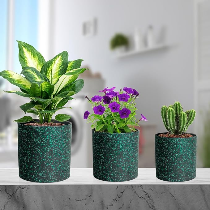7/6.5/6/5/4 inch Plant Pots, 5 Pack Cylinder Flower Pots for Small Indoor Outdoor Plants, Plastic Planters with Drainage Holes and Saucer for Garden Succulent Plants, Black With Green Speckles
