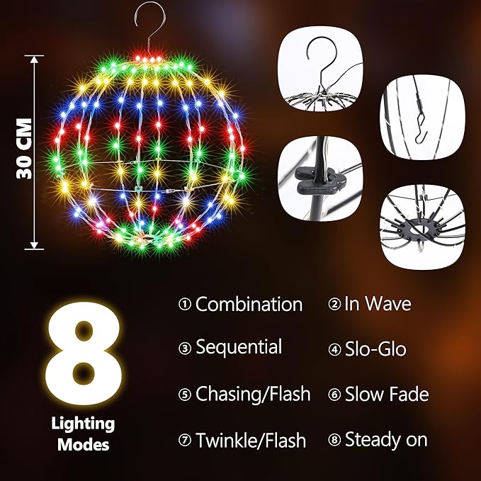 Joomer 2 Pack Christmas Ball Lights, 12IN 120 LED Foldable Metal Sphere, Connectable Waterproof 8 Modes With Timer, Hanging Tree Globe for Holiday Christmas Decorations (Multicolor)