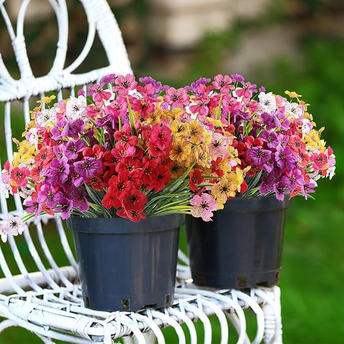 24 Bundles Artificial Flowers for Outdoor,No Fade Fake Plastic Flowers Faux Plants for Decoration Hanging Planters Indoor Outside Garden Porch Window Box Home Wedding Farmhouse