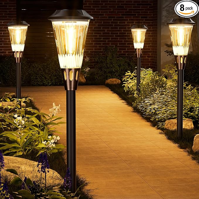 Bright Solar Pathway Lights Outdoor 8 Pack, 2-in-1 Warm&Cool Solar Lights Outdoor, Pathway Landscape Lighting Waterproof IP65, Auto On/Off Outdoor Light for Lawn Patio Walkway Garden Landscape