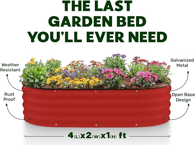 Galvanized Raised Garden Beds Outdoor // 4×2×1 ft Planter Raised Beds for Gardening, Vegetables, Flowers // Large Metal Garden Box (Red) // Patented Tool-Free Design