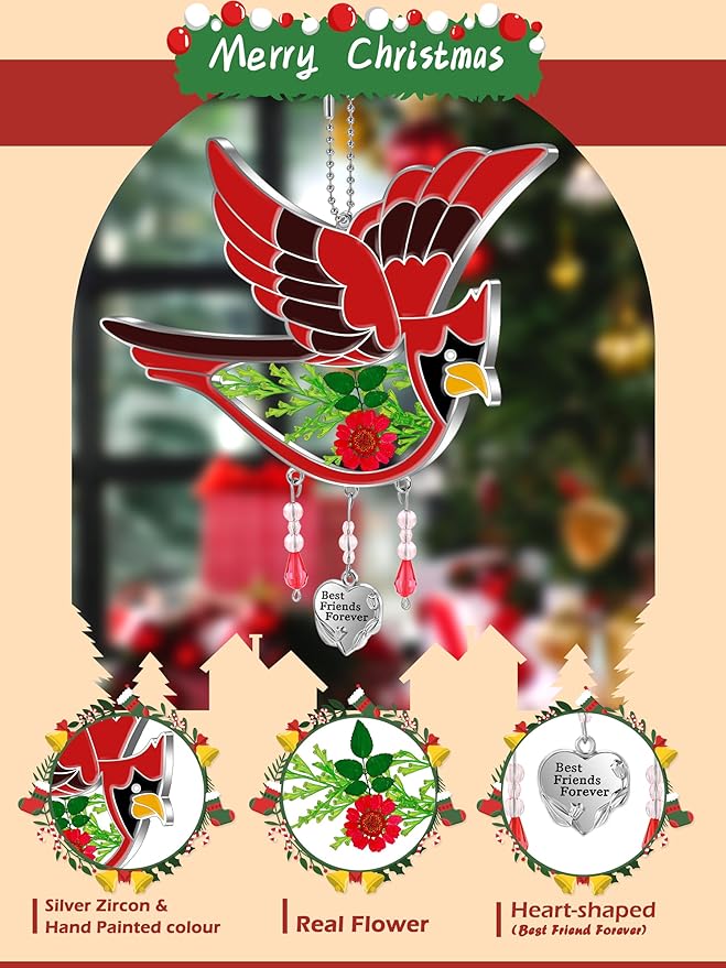 KY&BOSAM Best Friend Forever Cardinal Suncatcher Gifts for Friend Hand-Painted Garden Ornament Hanging Wind Chime with Pressed Flower Cardinal Embedded in Glass Mother`s Day Birthday Christmas