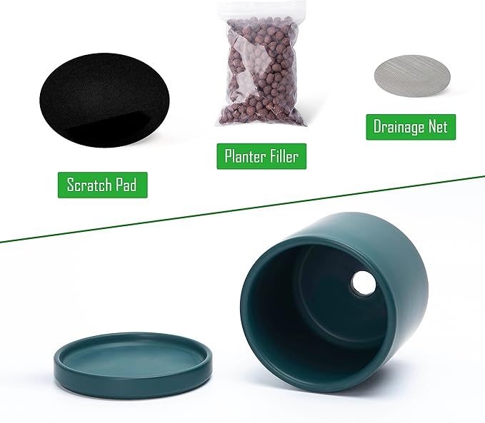 D'vine Dev Set of 2 Plants Pots, 4.6 Inch Ceramic Planter Pot for Plants with Drainage Hole and Saucer, Teal, 94-V-B-9