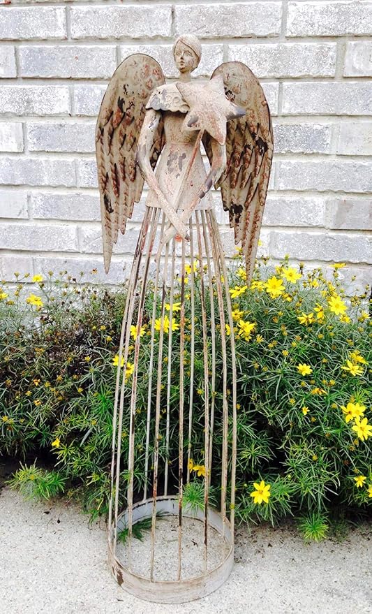 Morning View Metal Angel Statue Decor for Garden Yard Art Outdoor Standing Large Angel Decorations with Star Antique Patio Patio Lawn Holiday Christmas Set of 2 (26 and 32 Inches Tall)