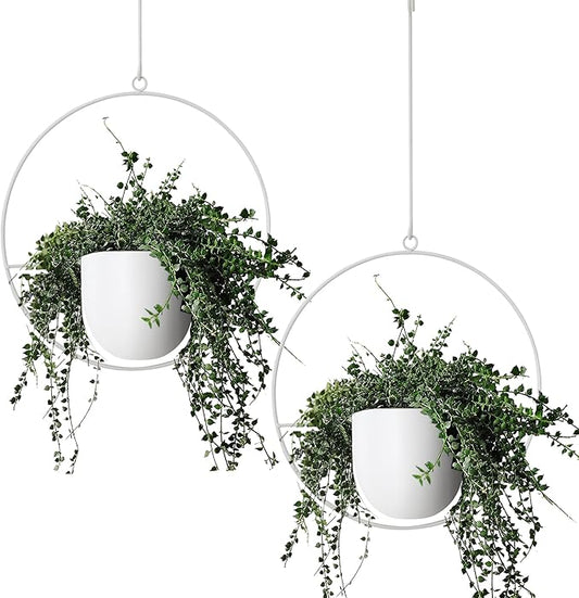 2 Pack Hanging Planters for Indoor Outdoor Plants Modern Metal Plant Hangers Wall and Ceiling Hanging Plants Baskets Mid Century Minimalist Flower Pots Home Decor, White
