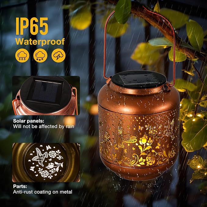 Solar Lanterns Outdoor Waterproof, Hummingbird Solar Lights Outdoor, Garden Decor Hanging Metal Lantern, Garden Lights for Yard/ Patio/Porch/Lawn, Decorative Gifts for Mom/Women