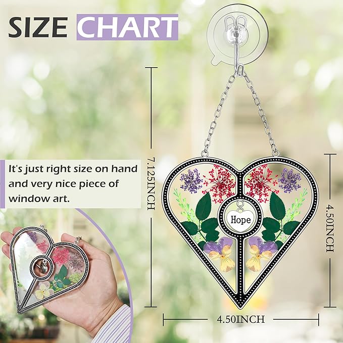KY&BOSAM Heart Suncatcher Hope Stained Glass Panels for Windows Hangings Wind Chime with Pressed Real Flower Heart Embedded in Glass Friend Gifts- Birthday Gifts for Women Mother`s Day Christmas Decor