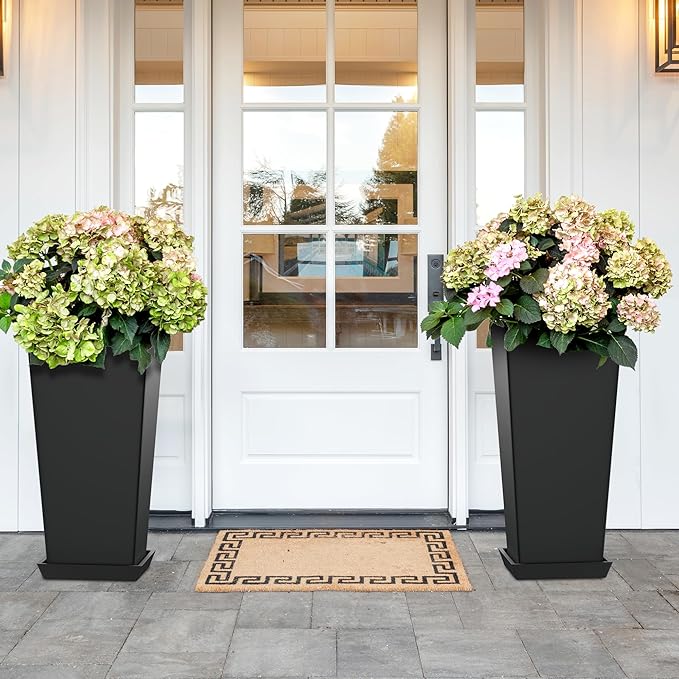 Set of 2 Large Tall Planter for Indoor or Outdoor 24" Tall Flower Pots Tapered Tall Planters with Tray for Porch, Patio, Backyard, Large Planters for Outdoor Indoor Plants(Black)