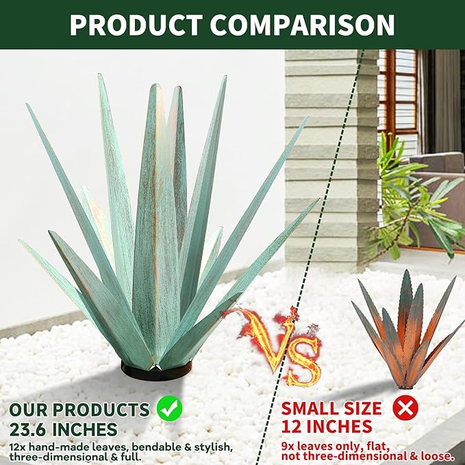 Large Tequila Rustic Sculpture, Rustic Metal Agave Plants for Outdoor Patio Yard, Home Decor Hand Painted Metal Agave Garden Yard Statue, Outdoor Lawn Ornaments (Dark Blue - L (W/Solar Light))