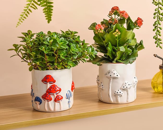 Colorful Mushroom Ceramic Planter for Indoor Plants, Small Plant Pots with Drainage, 5 Inch Pots for Plants, Flower Pots for Outdoor Indoor Plants, Plant Pot for Windowsill Patio Garden