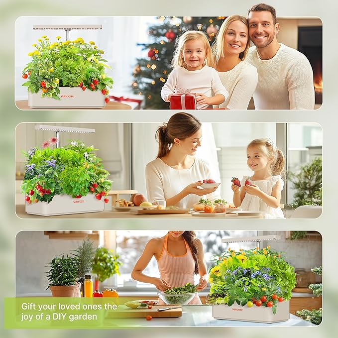 Hydroponics Growing System Kit 12 Pods, 24W LED Grow Light Indoor Garden, 4L Water Tank with Quiet Pump, Adjustable Height Herb Garden Planter Indoor Kit, Gardening Gifts, Beige