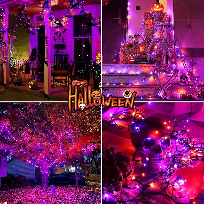 btfarm 4 Pack Solar Halloween String Lights Outdoor, 480LED 156Ft Orange Purple Solar Lights Waterproof Outside, 8 Modes Tree Twinkle Light Solar Powered for Garden Yard Patio Party Decorations