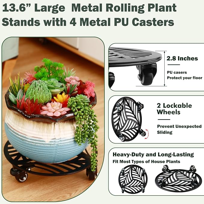 1 Pack Large Metal Plant Caddy with Wheels 13.6 Inches Heavy-duty Wrought Iron Rolling Plant Stand with Casters Indoor Outdoor Plant Roller Base Planter Movers Plant Dolly Coaster Trolley Black