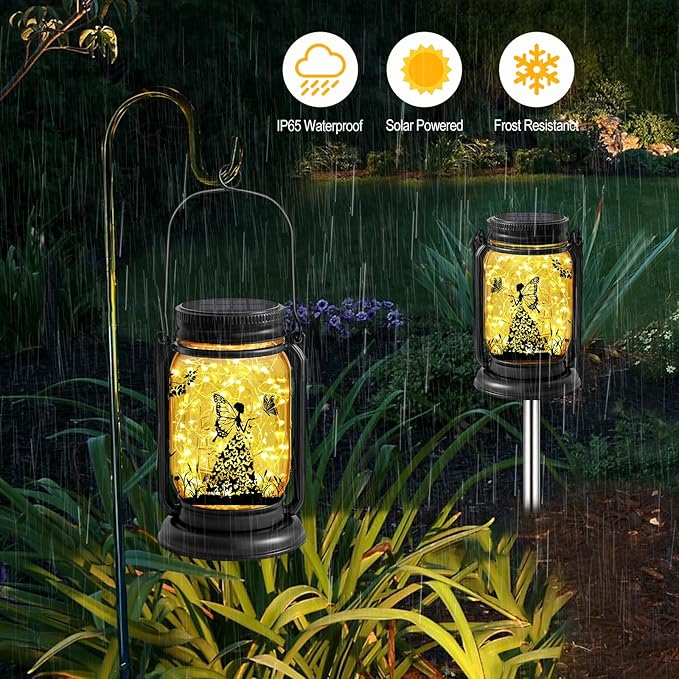 YJFWAL 2 Pack Outdoor Hanging Solar Lanterns, Birthday Mothers Day Gifts for Women Mom Grandma,Fairy Butterfly Vintage Glass Mason Jar, Waterproof Garden Lights for Patio Yard Lawn Tree Party Decor