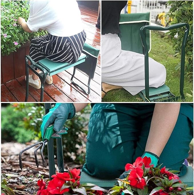 Garden Kneeler Seat Folding Stool Work Seat Flower Planting Grass Belt Tool Bag Camping Outdoor Portable Garden Stool Garden Kneeler with 1 Bonus Tool Pouches (23.5"x19.3", Green)