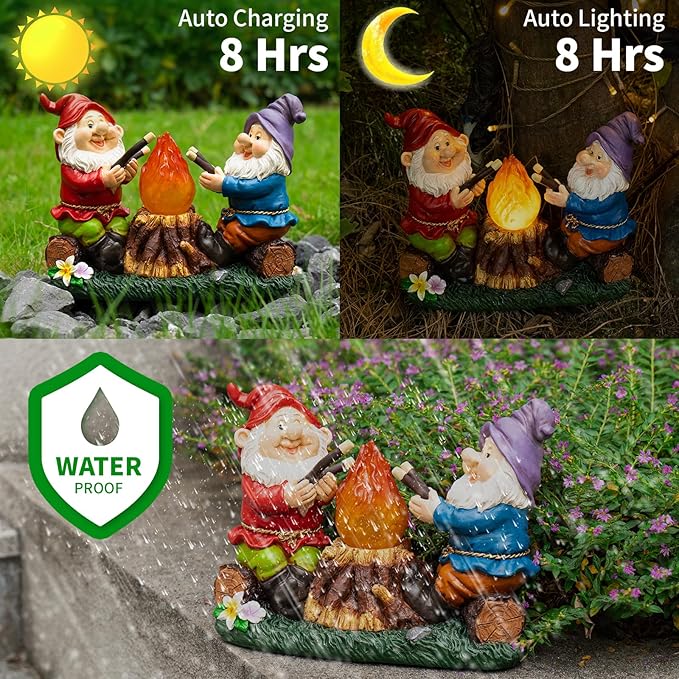 mopha Solar Garden Gnomes Statues Outdoor Christmas Flame Lights Decor, Resin Gifts Figurines Outside Decoration Ornaments Clearance Gardening Decoration