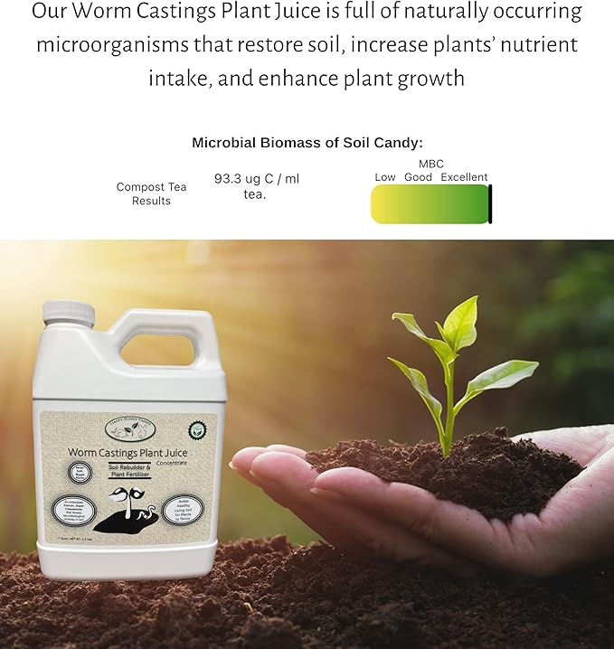 Worm Castings Tea Plant Juice - Quart. Concentrated Worm Tea with Kelp and Feather Meals. Indoor and Outdoor Soil Restorer and Plant Fertilizer for All Vegetation with Soil.