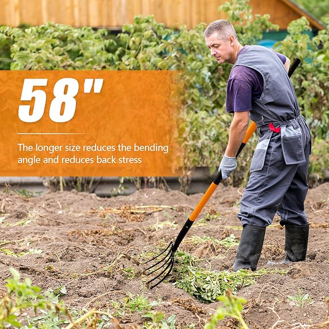 5 Tine Pitchfork for Gardening, Heavy Duty Pitchfork with Fiberglass Handle, Garden Fork for Mulching, 58 Inches