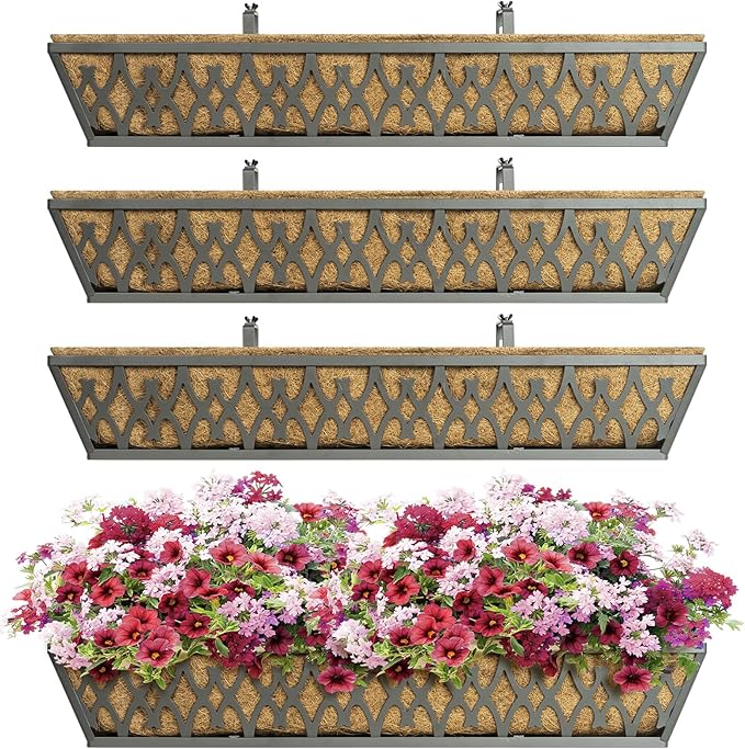 4 Pack 30 Inch Window Boxes Planters Railing Planter Box with Adjustable Brackets for Porch Fence Patio Balcony Hanging Flower Baskets with Coco Liners for Outdoor Garden Decor - Grey