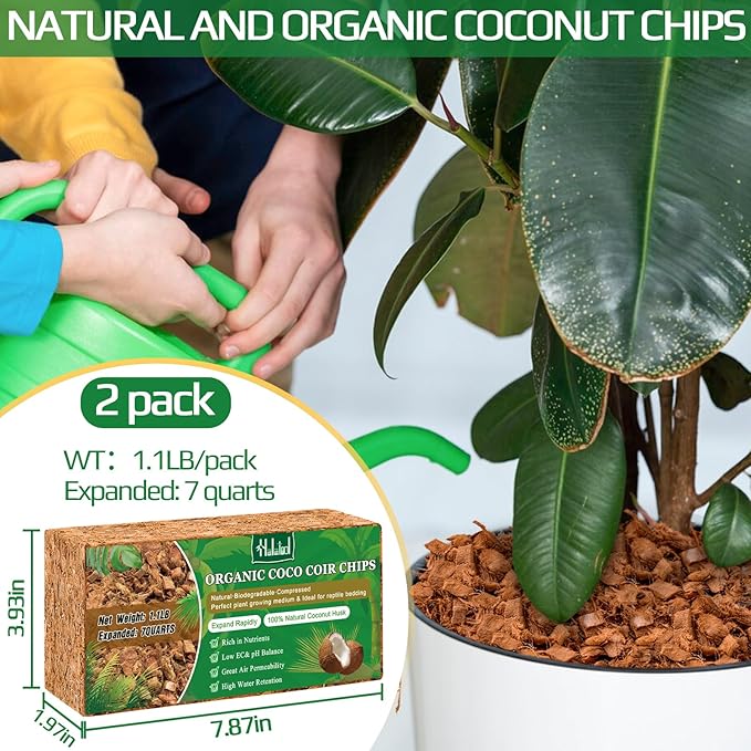 Halatool 2 Pcs Coconut Coir Chips for Plants - 2.2 LB 100% Organic Coco Husk Chip Bricks with Low EC and pH Balanced, Compressed Coco Substrate Growing Mulch Medium for Garden Herbs, Plants, Flowers
