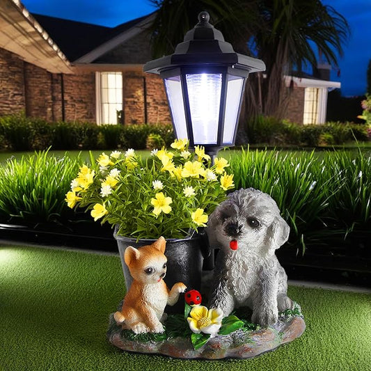 Garden Dog Statue,Resin Teddy & Cat Figurine with Solar LED Light,Flower Pots Planters Pots for Succulent,Outdoor Sculpture for Patio Balcony Yard Lawn Decor,Unique Gift for Dad Mom Grandma