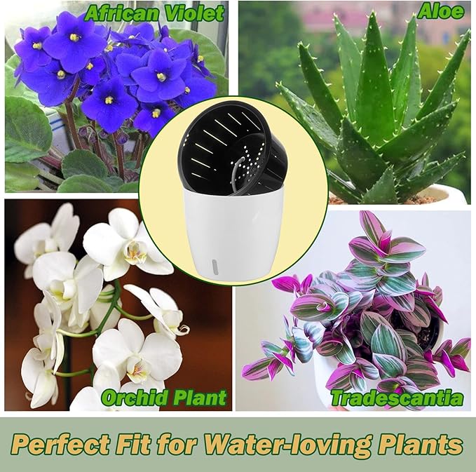 Planterhoma 6.7 Inch Self Watering Pots for Indoor Plants, 6 Packs White African Violet Pots with Water Indicator and Black Wick Pots, Self Watering Planters for Devil's Ivy, Indoor Plant Pots
