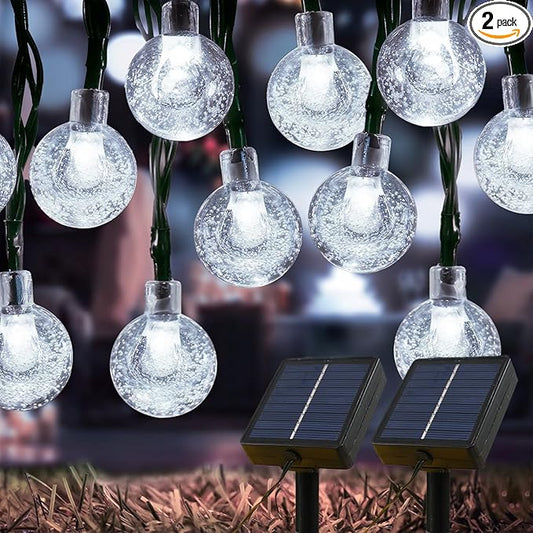 Solar Lights Outdoor Waterproof, 2 Pack Total 120LED 72FT Solar String Lights for Outside w/ 8 Modes, Outdoor String Lights Crystal Globe Patio Lights for Garden Yard Party Decor (Cool White)