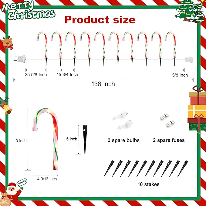 VCOKEN 10'' Christmas Candy Cane Lights Outdoor Pathway, Set of 10 Christmas Candy Cane Markers Waterproof, Light Up Xmas Candy Cane Decoration with Stakes for Holiday Party Yard Art Indoor Outdoor