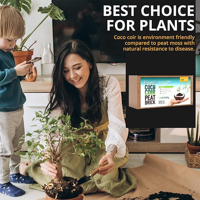 Compressed Coco Coir, 5 Pack Organic Coconut Coir, 1.4 Lbs Coco Brick, Coconut Soil with Low EC & pH Balance, Fiber for Herbs & Flowers, High Expansion, Renewable Soil for Planting