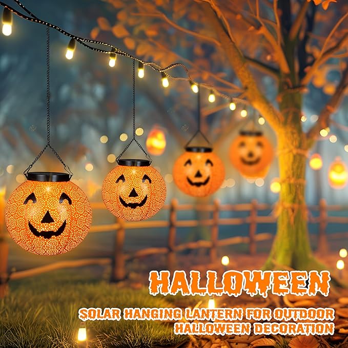 Halloween Solar Hanging Lights Outdoor - Solar Metal Halloween Lantern Decor, Solar Powered Led Waterproof Decorative Round Hanging Light for Garden, Yard, Patio, Pathway, Porch