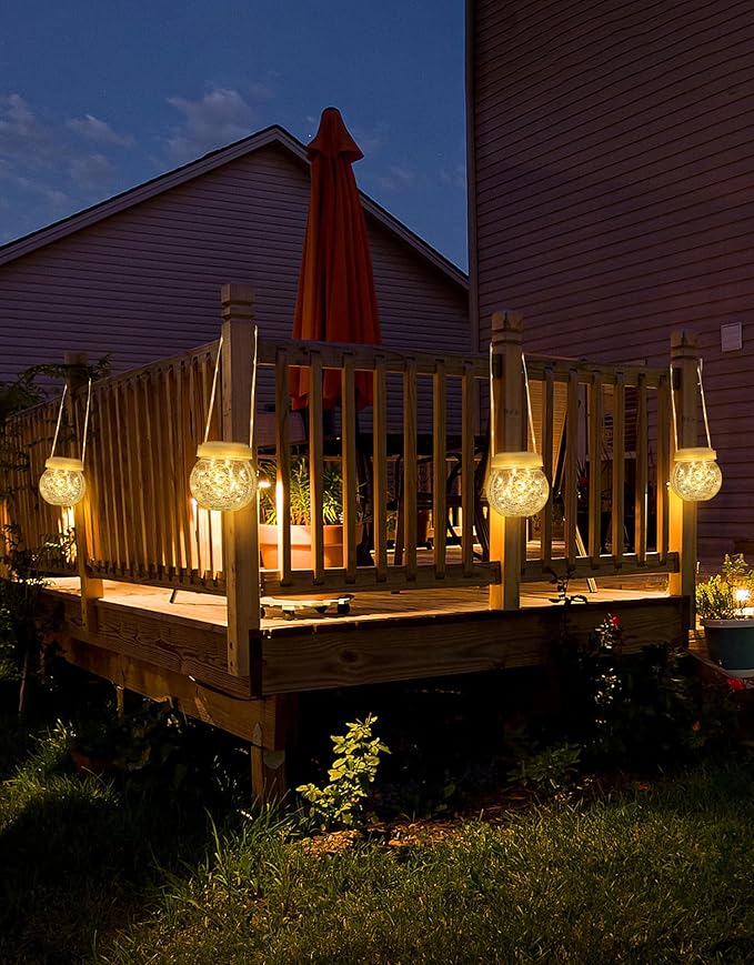Solar Lantern Solar Lights Outdoor Waterproof 6-Pack, Solar Powered Hanging Lights Cracked Glass Hanging Globes for Christmas Decoration, Shepherd Hook, Garden Tree Ornaments, White Cap, Warm White
