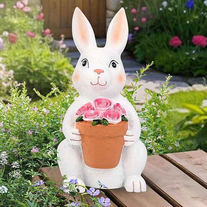 Brightever Solar Powered Outdoor Garden Statues- Rabbit with Flowers and 5 Colorful LED Lights, 11.8IN Outdoor Figurine Lights, Solar Garden Bunny Decor for Patio, Gifts for Women, Housewarming