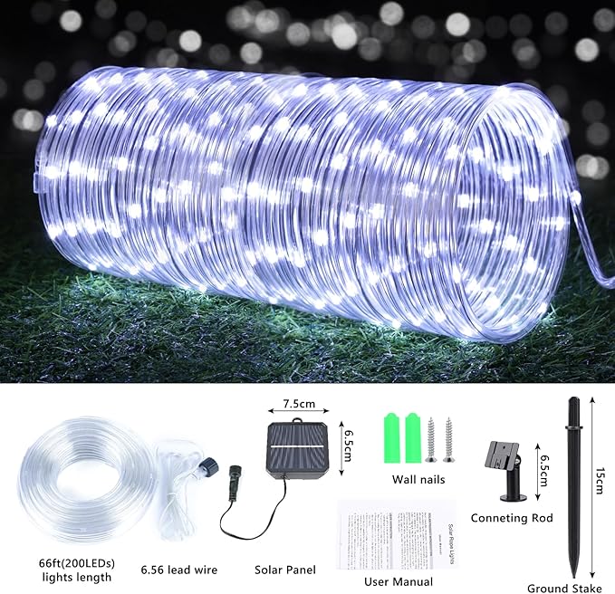 Solar Rope Lights, 66ft 200LED String, 8 Modes Waterproof Powered Outdoor, Flexible Clear Tube for Garden, Backyard, Patio, Deck, Porch, Pool, Tree Decorative - White