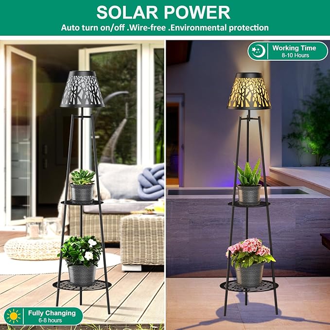 2 Pack Metal Solar Floor Lights Outdoor with Plant Stands, 45.5'' Solar Powered Street Lights, Solar Lantern for Garden Yard Pathway Driveway Porch