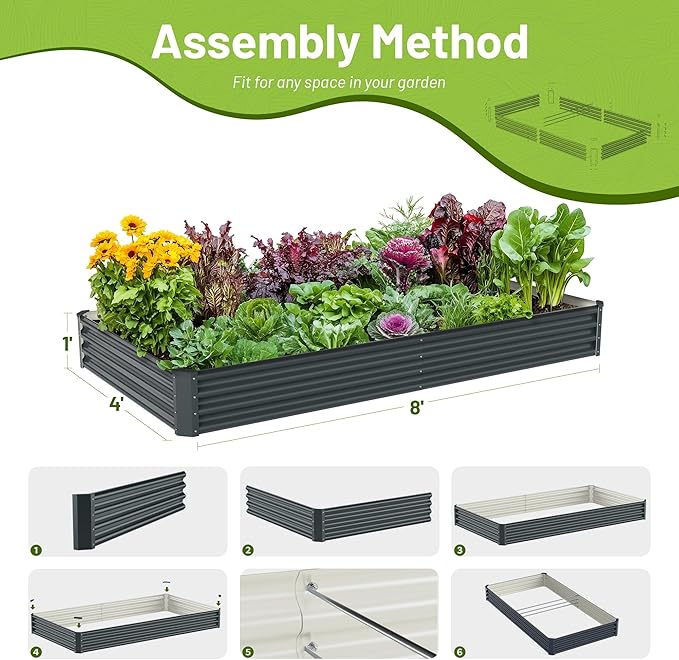 2PCS 8x4x1ft Raised Garden Bed-Outdoor Galvanized Planter Box for Vegetables, Fruits,Herbs, Flowers, Metal Raised Garden Bed kit-Grey