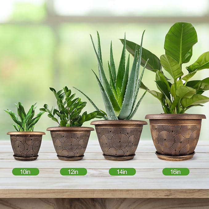 14 Inch Large Planter Pot for Plants Indoor Outdoor, 4 Pack Plastic Flower Pots with Drainage Hole & Tray, Modern Decorative Garden Pot with Saucer, Plant Container for House