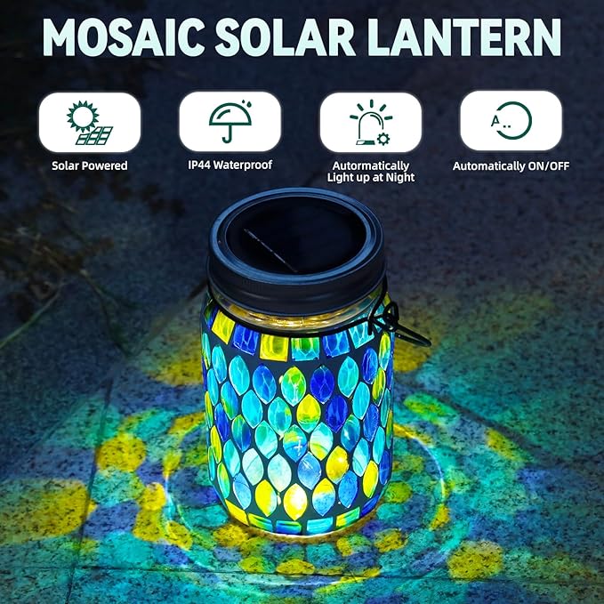 VOREEN 2 Pack Mosaic Solar Lanterns, Outdoor Glass Hanging Lights, Solar Table Lamps, Waterproof Night Lights, Jar Lights Easter Gifts, Decoration for Garden, Patio, Yard, Balcony, Blue&Red
