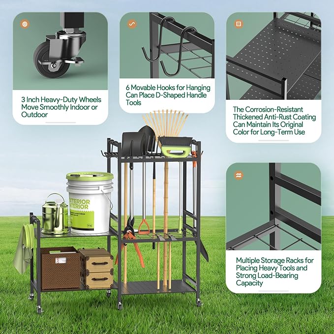 Garden Tool Organizer for Garage,Yard Tool Holder with Wheels,Multifunctional Tool Storage Rack with 5 Hooks,for Garden Shed Garage Yard Basement Lawn,Up to 35 Long-Handled Tools,Black