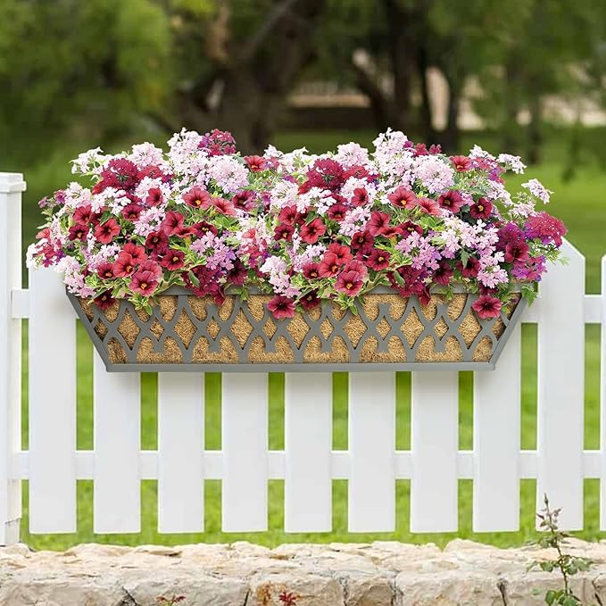 Window Boxes Planters: 2 Pack 30 Inch Railing Planter Box with Adjustable Brackets for Porch Fence Patio Balcony Hanging Flower Baskets with Coco Liners for Outdoor Garden Decor - Grey