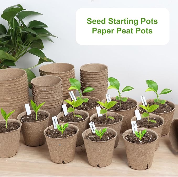130 Pcs Organic Peat Pots, 3.15 Inch Nursery Pot, Round Plant Seedling Pots with Drainage Holes, Small Seed Starting Starter Tray Bulk, Garden Germination Container with 130 Planting Labels