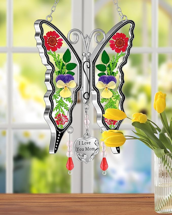 KY&BOSAM Gifts for Mom Butterfly Suncatcher Mom Gifts Mothers Day I Love You Mom Stained Glass Sun Catcher for Window Hangings Wind Chime Ornament Birthday Gift for Mother`s Day Valentine`s Christmas
