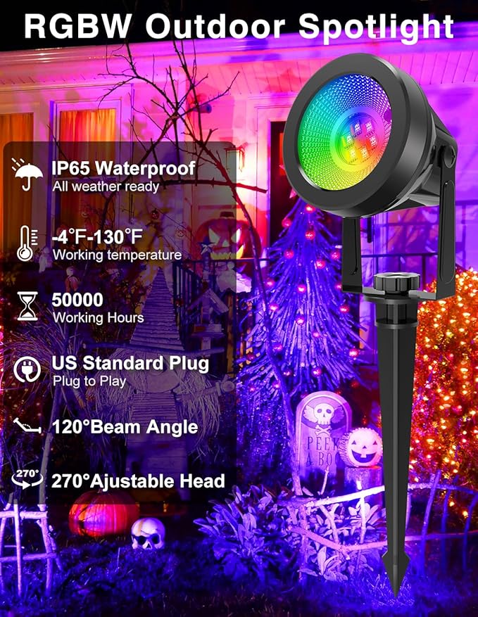 RGB Spotlights Outdoor, LED Color Changing Landscape Lights, Waterproof Spotlight with US Plug for Yard Garden Tree Path House Halloween Christmas Decoration (2 Pack)