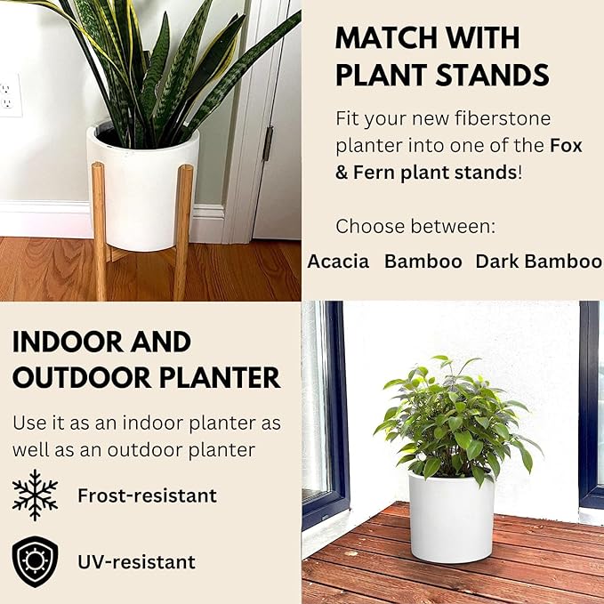 Fox & Fern 10 Inch Plant Pot with Hidden Saucer — Premium Lightweight Fiberstone Matte White Self Watering Planter with Seamless Saucer; Indoor & Outdoor Use; Weather Resistant & UV Resistant